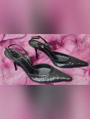 René Caovilla Jinny Crystal Slingback Pumps 42 Black Italy Luxury Heels
